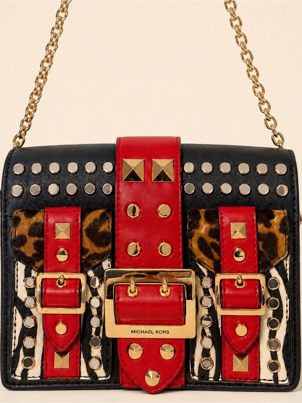 Michael Kors Studded Animal Print Chain Crossbody Bag Red Black - Picture 2 of 12